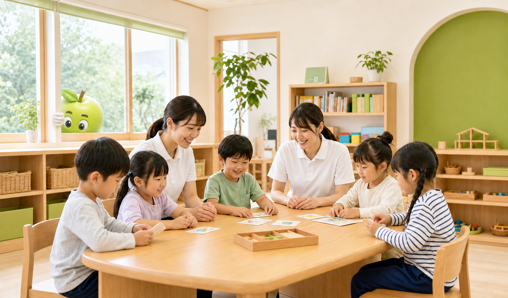 Apple Juniorの支援現場を窓の外から見守るりんごのキャラクター